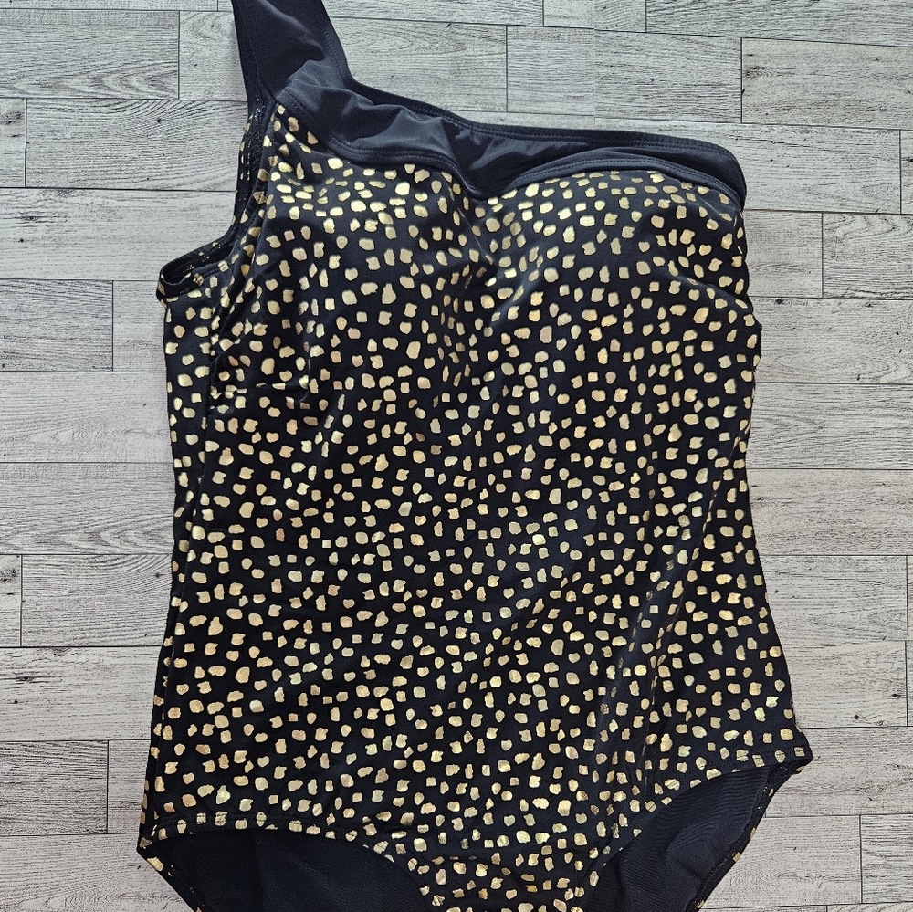Swimsuits For All One Piece Swimsuits Black Gold Polka-Dot 14 One Shoulder Swim